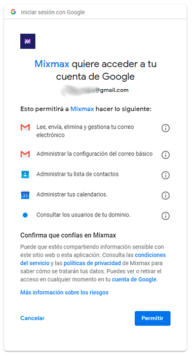 extension mixmax permisos cuenta gmail